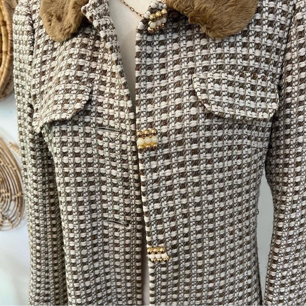 Trina Turk Tweed Wool Coat Faux Fur Collar Tailored Jacket Vintage Size 10 - Picture 12 of 12
